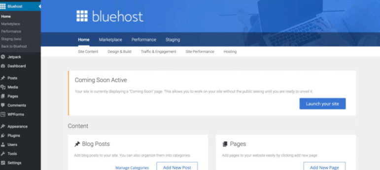 bluehost wordpress dashboard