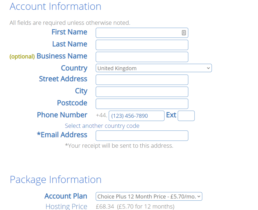enter account info to create a blog on bluehost